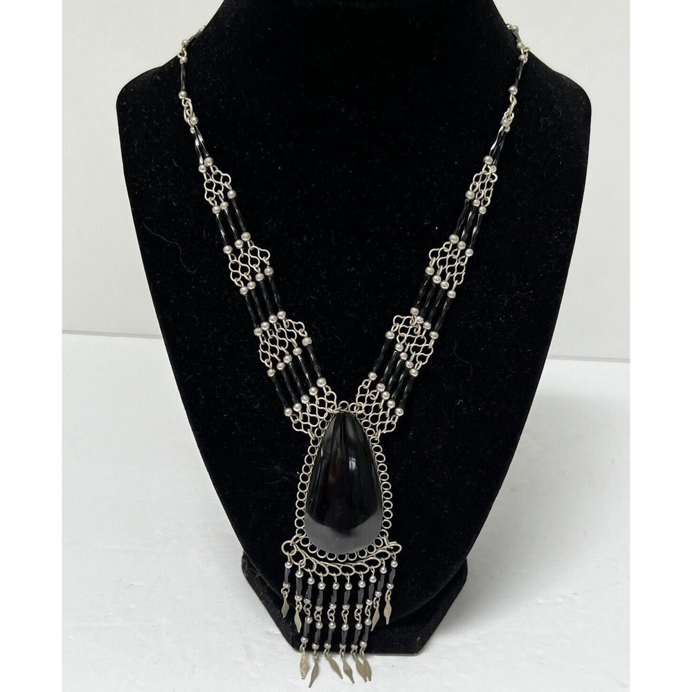 Boho Statement Necklace Black Onyx Teardrop Silver Tone Beaded Fringe
